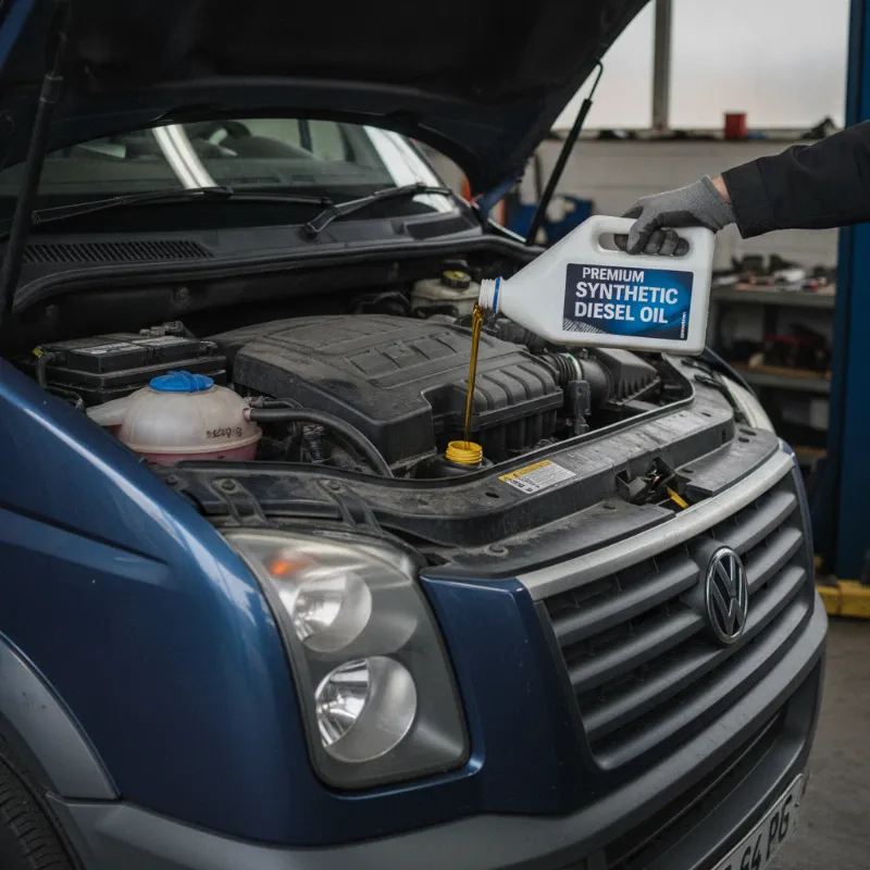 Pouring fresh synthetic engine oil into a diesel van engine bay