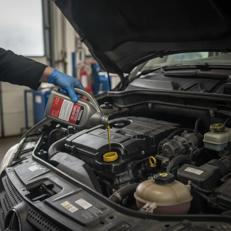 Pouring fresh synthetic engine oil into a diesel van engine bay