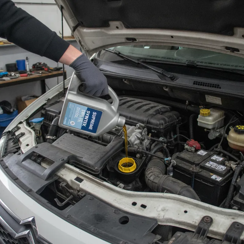 Pouring fresh synthetic engine oil into a diesel van engine bay