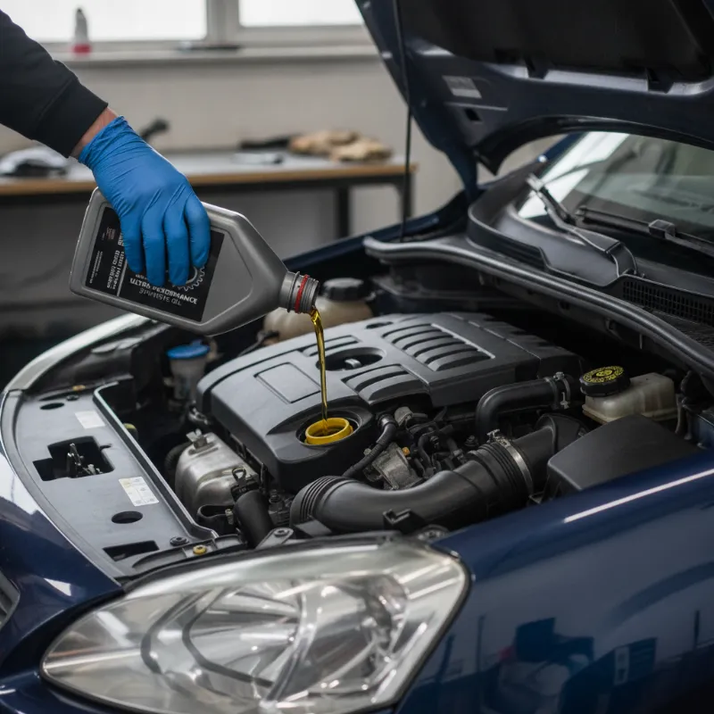 Pouring fresh synthetic engine oil into a diesel van engine bay