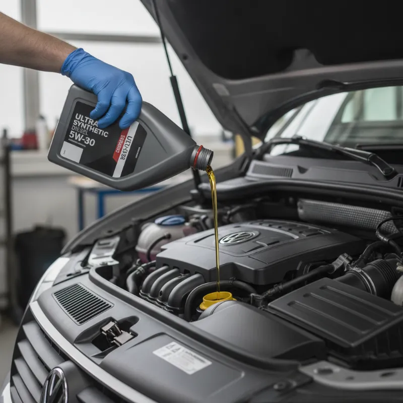 Pouring fresh synthetic engine oil into a diesel van engine bay