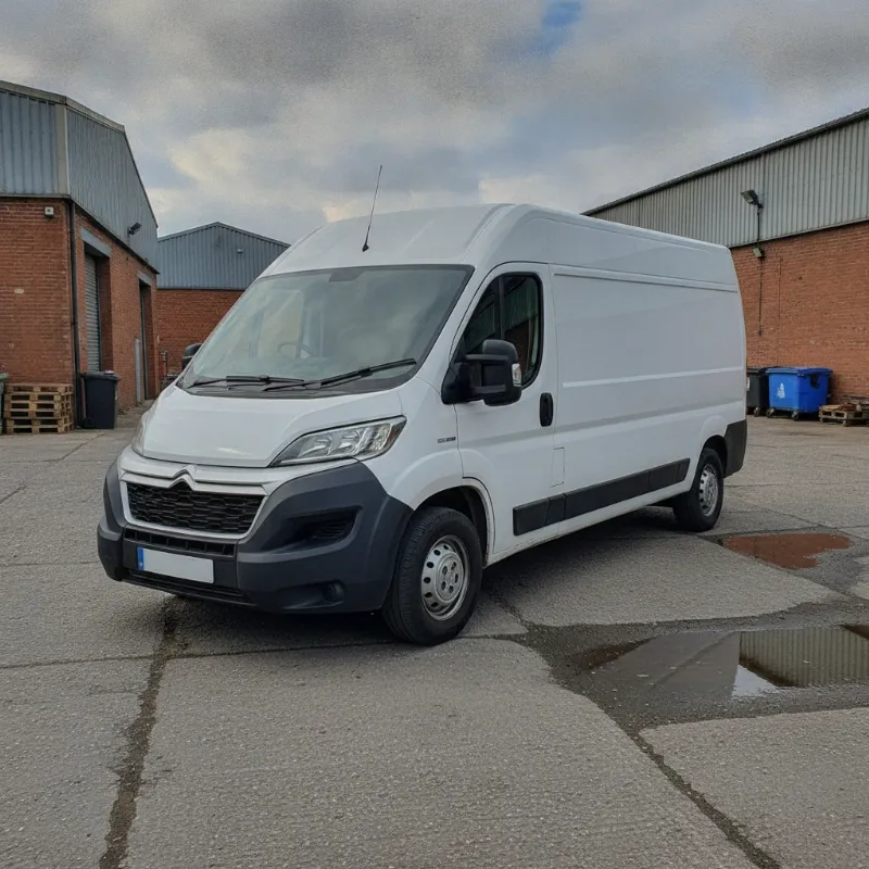 A Citroen Relay large panel van parked on a UK industrial estate forecourt