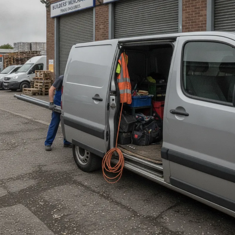 A Peugeot Expert medium panel van parked at a UK trade premises with its side door open