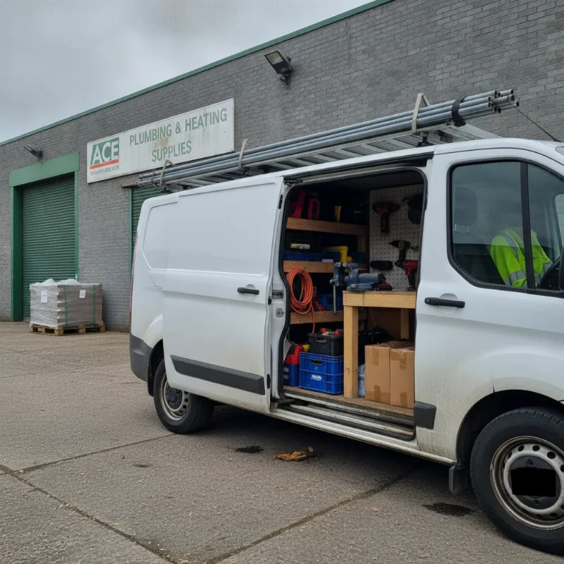 A Ford Transit Custom medium panel van parked at a UK trade premises with its side door open