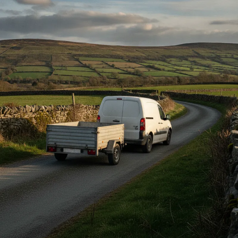 A Citroen Berlingo small van towing a trailer along a rural road