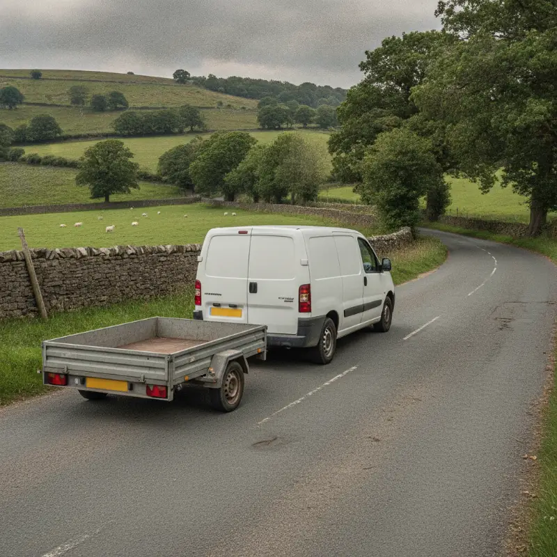 A Citroen Dispatch panel van towing a trailer along a rural road
