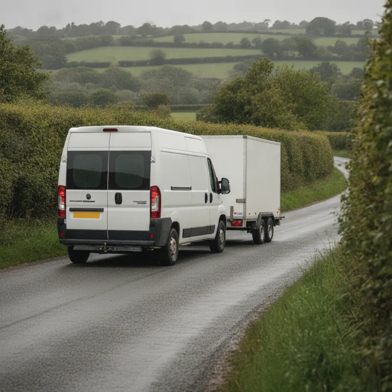 A Fiat Ducato large panel van towing a trailer along a rural road