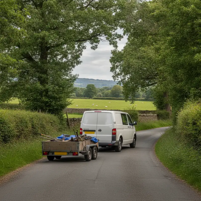 A Volkswagen Transporter panel van towing a trailer along a rural road