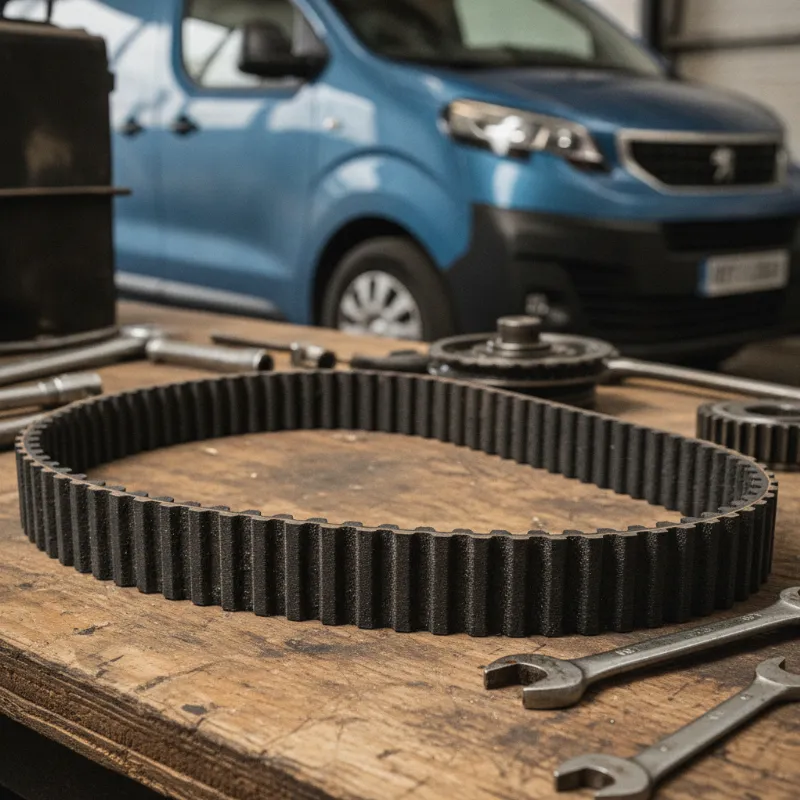 A close-up of a toothed timing belt on a workbench