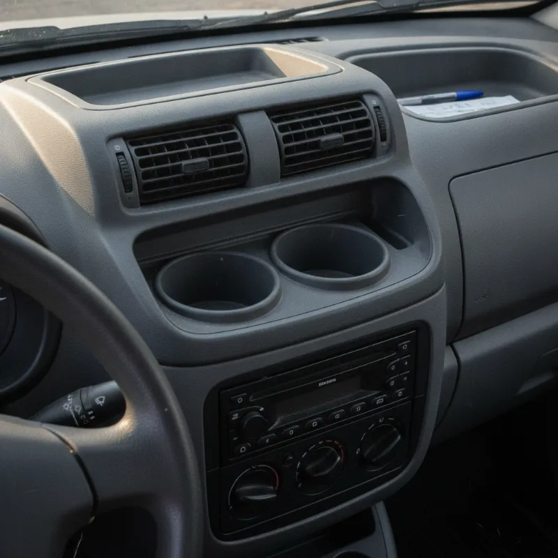 A close-up of a small van's centre dashboard showing built-in cup holders
