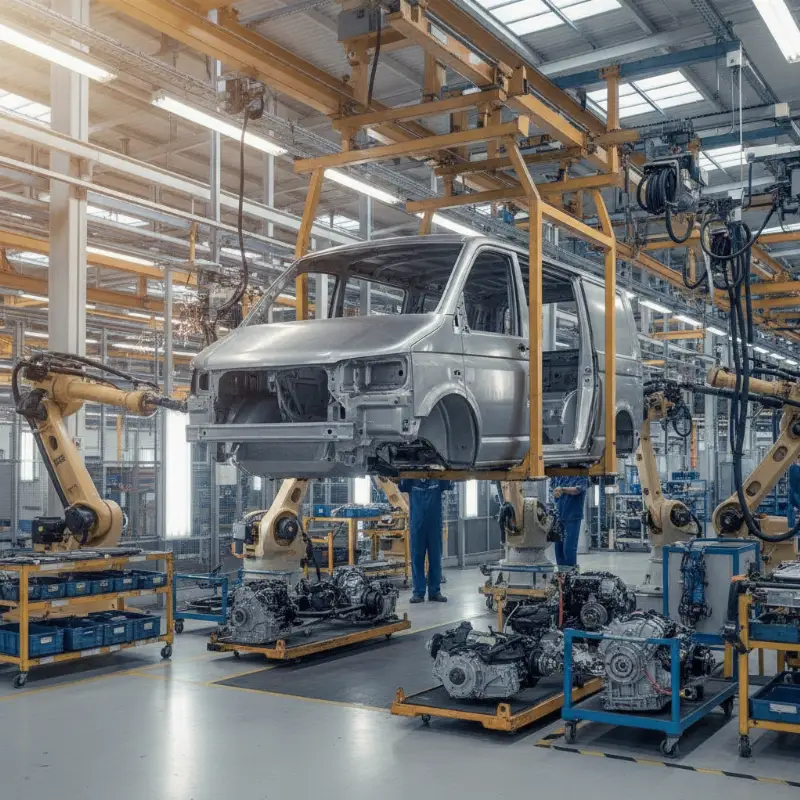 A van body shell moving along an overhead conveyor on a factory assembly line