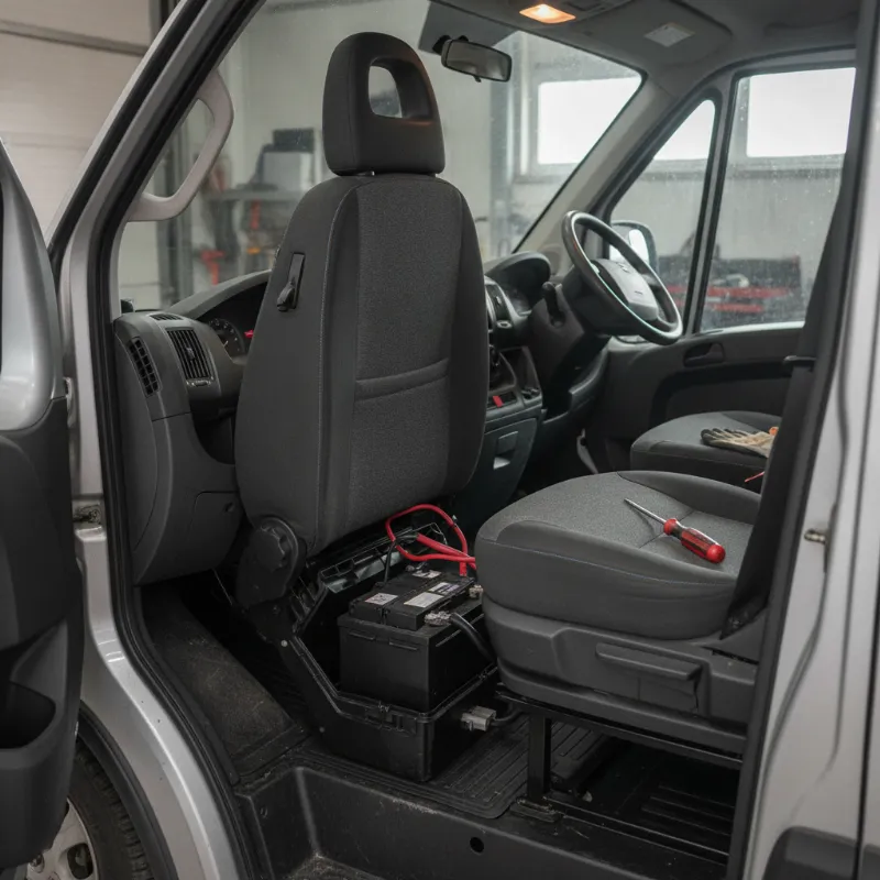 A van driver's seat tilted forward to reveal the battery mounted underneath