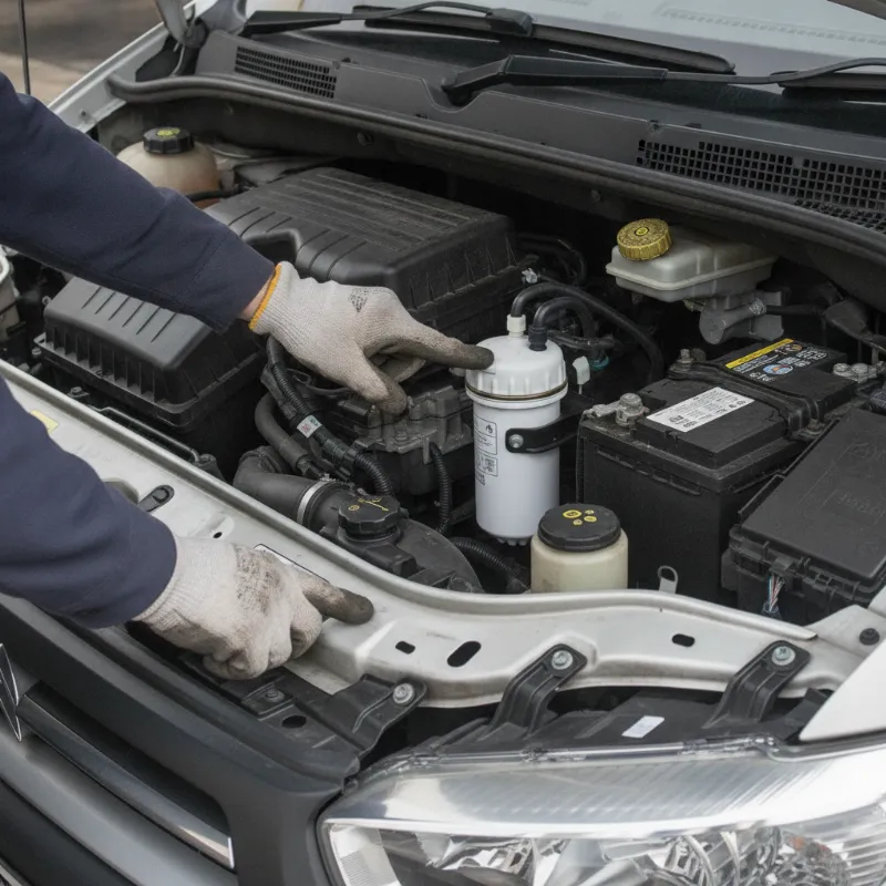 A mechanic's hands pointing to a fuel filter component in a van's engine bay