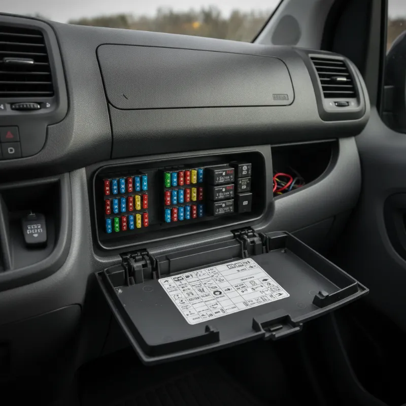 An open fuse box panel inside a van's dashboard, showing labelled fuses and relays