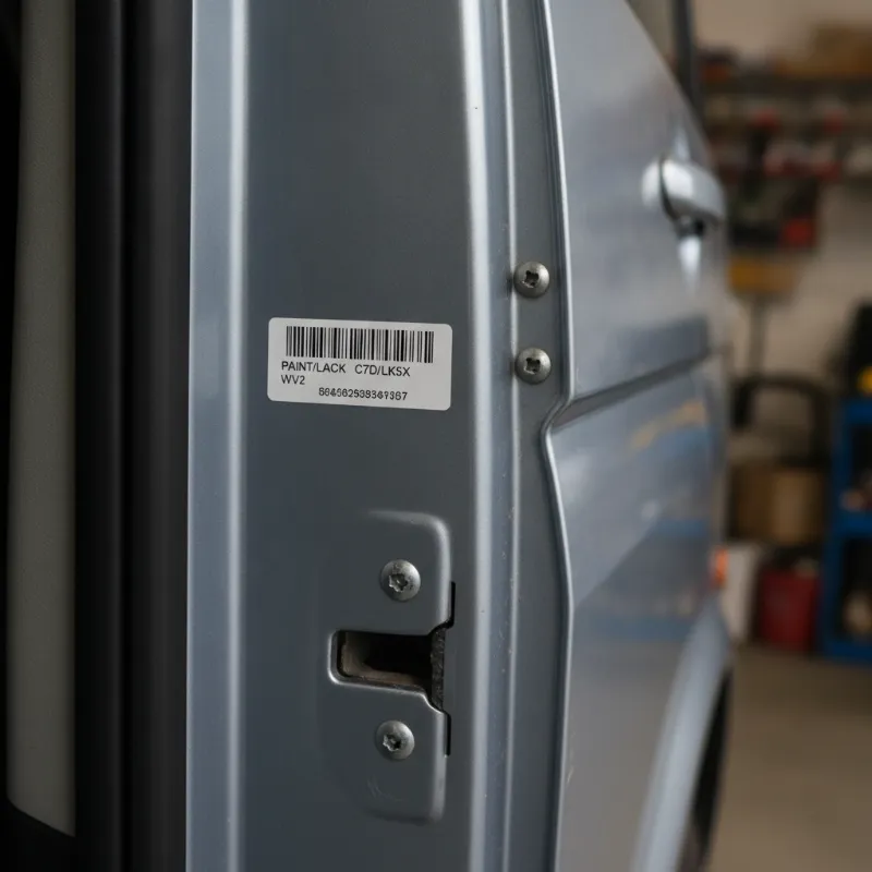A close-up of a vehicle paint colour code sticker on a door frame