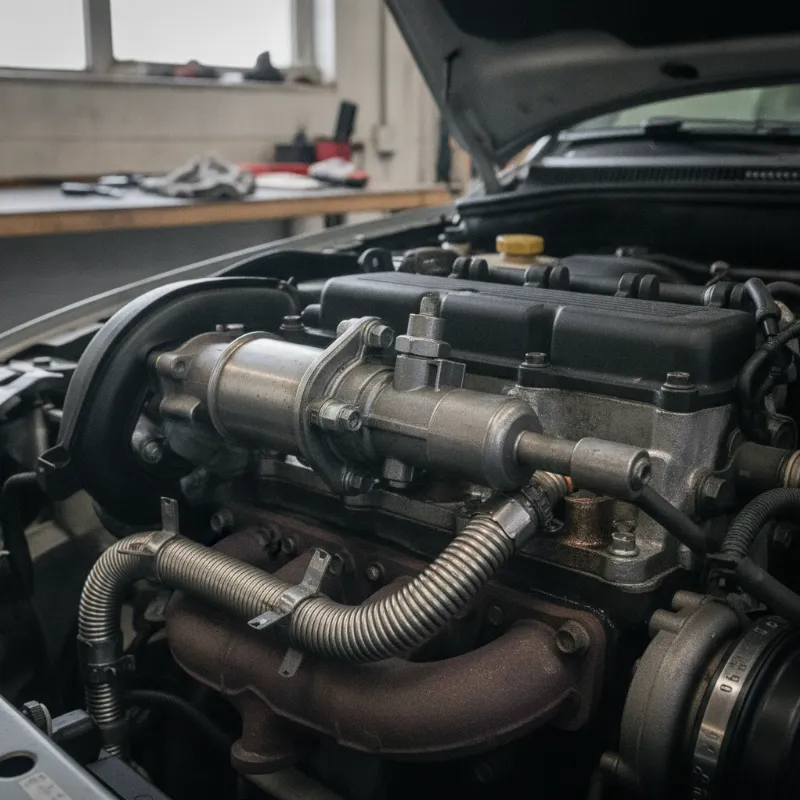 A close-up of an EGR valve component mounted on a diesel engine block
