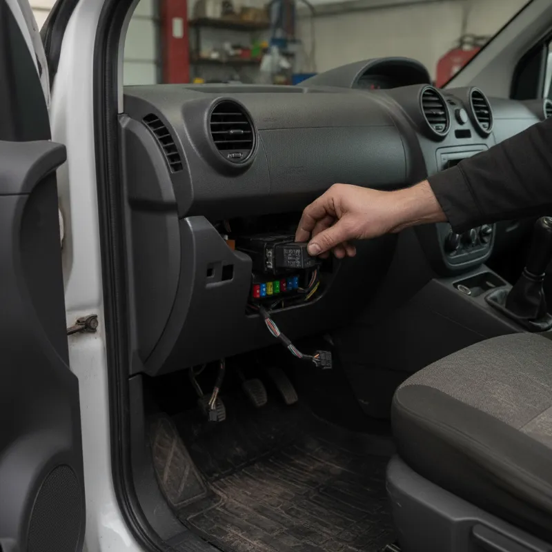 A mechanic's hand reaching behind a van dashboard to access a small relay unit