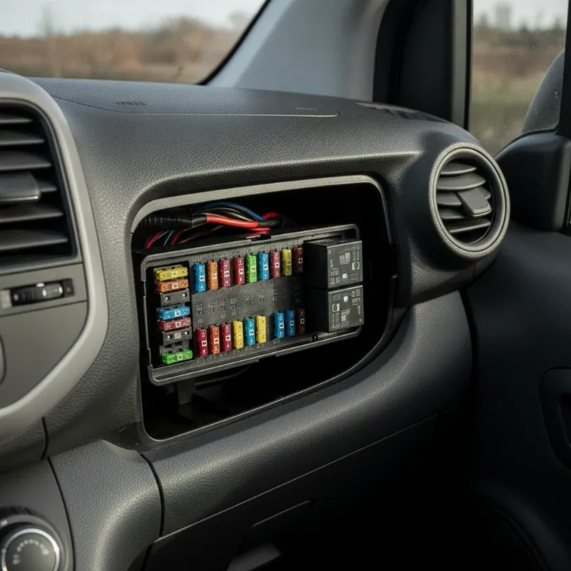 An open fuse box panel inside a van's dashboard, showing labelled fuses and relays