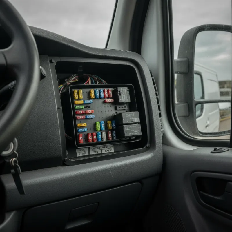 An open fuse box panel inside a van's dashboard, showing labelled fuses and relays