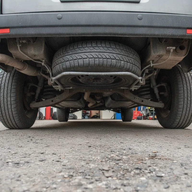 The underside of a van showing a spare wheel mounted in a cradle carrier