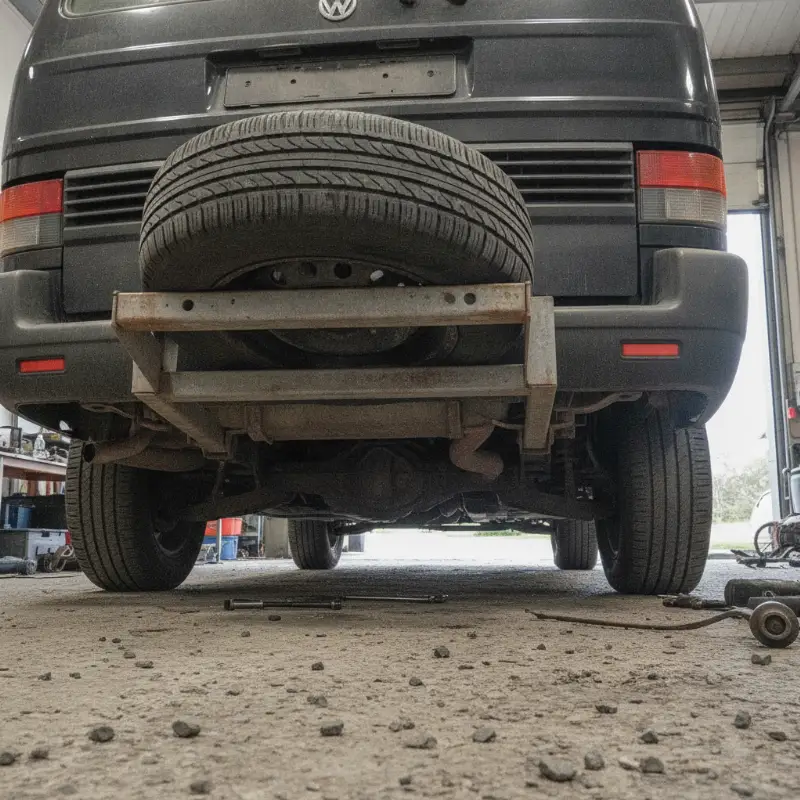 The underside of a van showing a spare wheel mounted in a cradle carrier