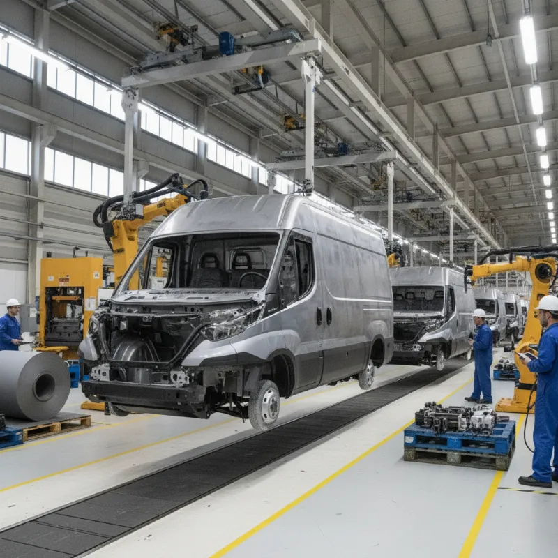 A van body shell moving along an overhead conveyor on a factory assembly line