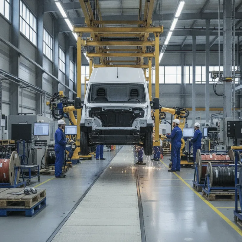 A van body shell moving along an overhead conveyor on a factory assembly line