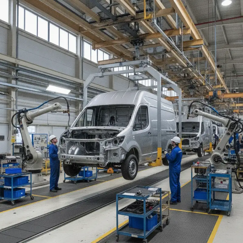 A van body shell moving along an overhead conveyor on a factory assembly line
