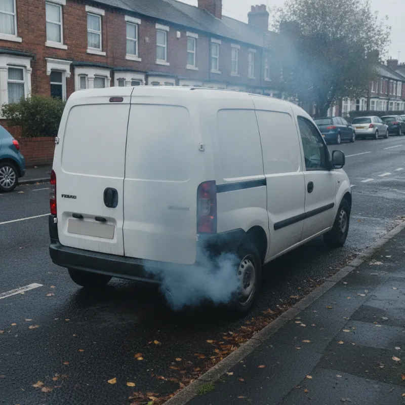 A small diesel van's exhaust emitting a visible plume of smoke