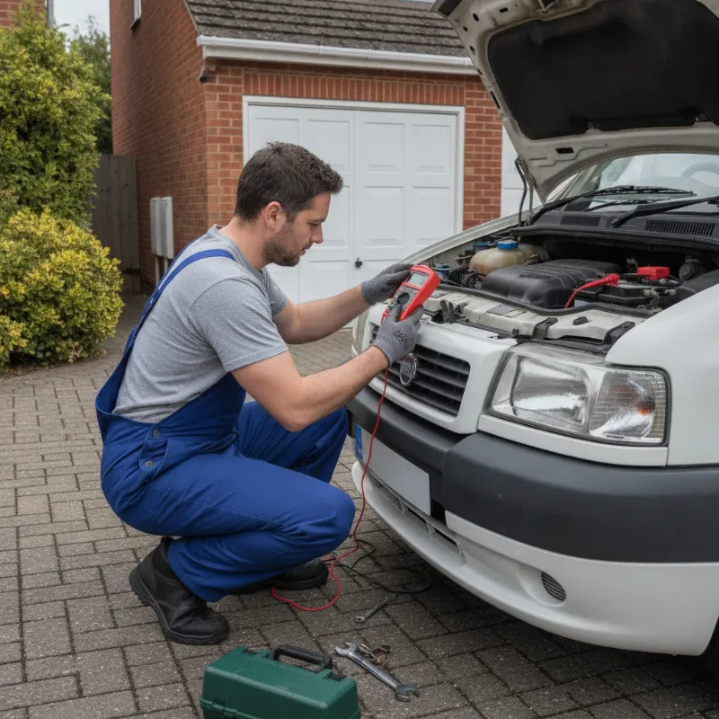 A mechanic testing a van battery with a multimeter in a driveway