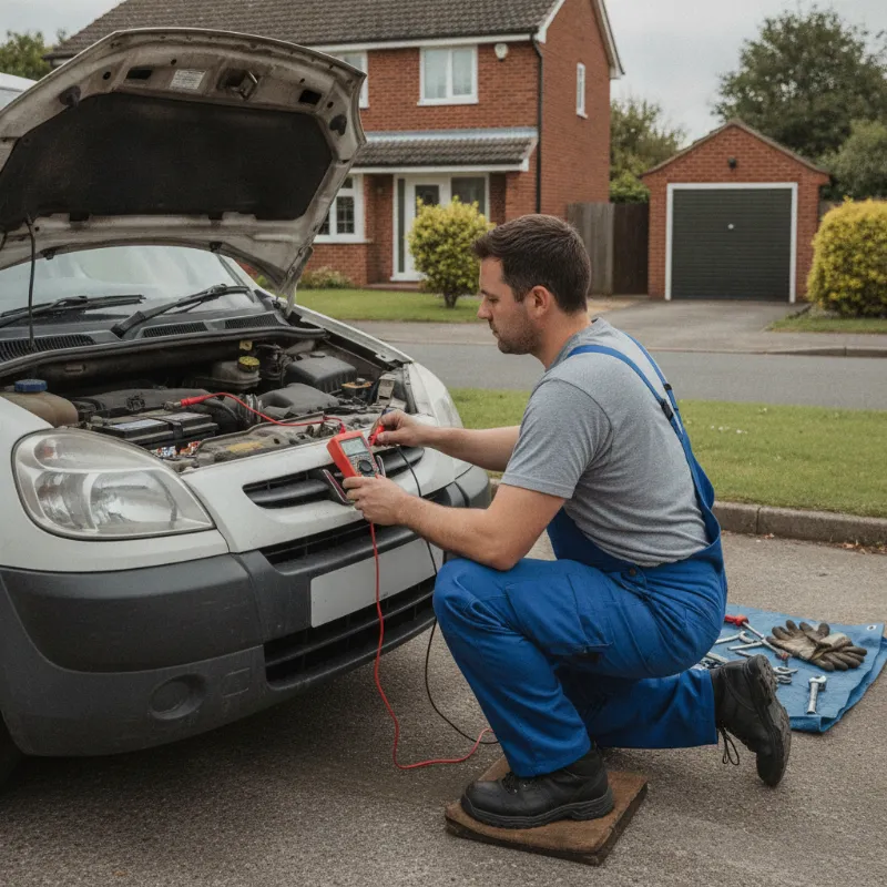 A mechanic testing a van battery with a multimeter in a driveway